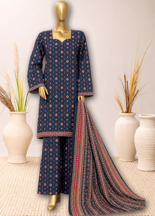 3 Piece Printed Stitched Navy Blue Color Khaddar Shirt with Trouser & Dupatta