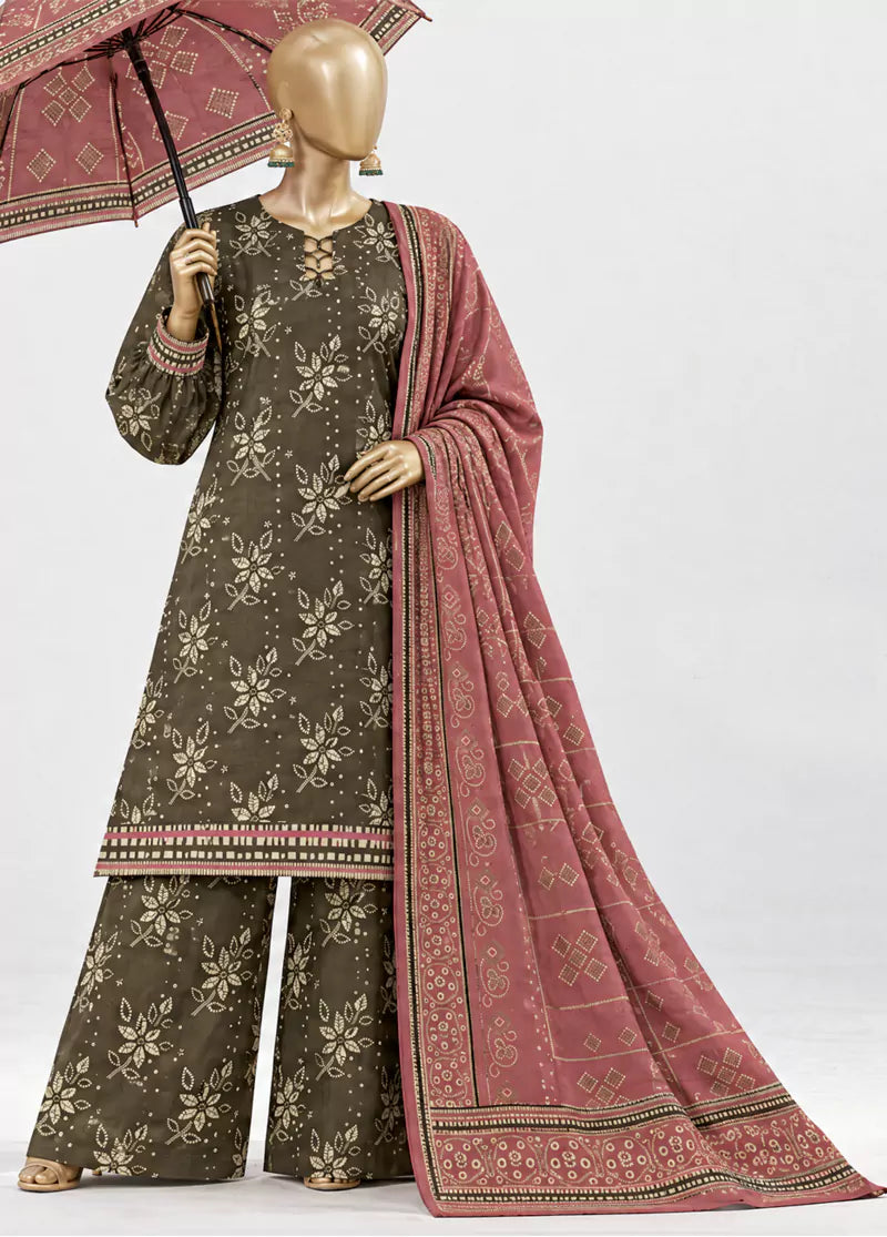 3 Piece Printed Stitched Olive Green Color Khaddar Shirt with Trouser & Dupatta