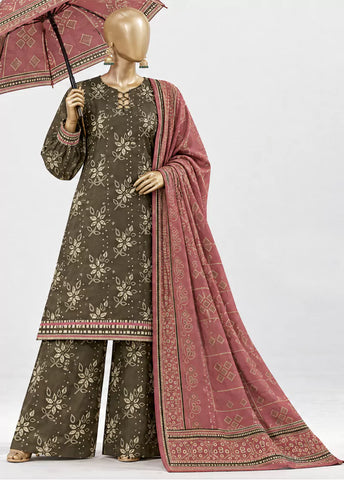 3 Piece Printed Stitched Olive Green Color Khaddar Shirt with Trouser & Dupatta