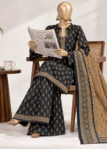 3 Piece Printed Stitched Black Color Khaddar Shirt with Trouser & Dupatta