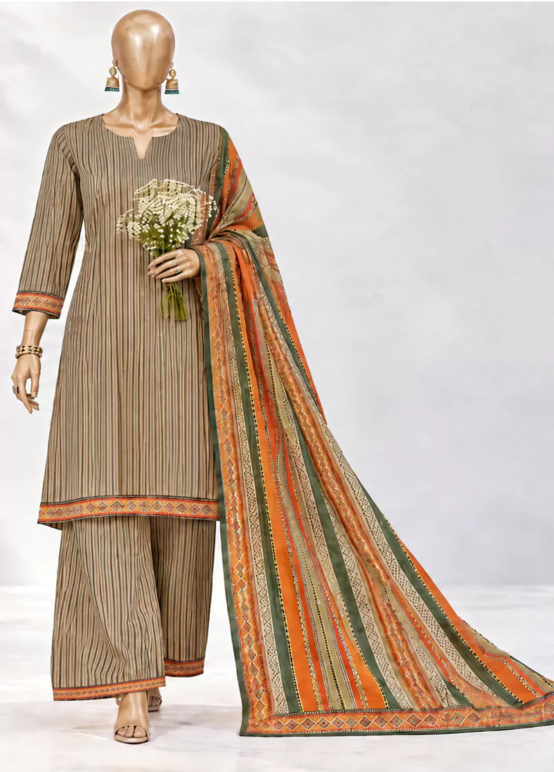 3 Piece Printed Stitched MultiColor Khaddar Shirt with Trouser & Dupatta