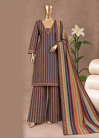 3 Piece Printed Stitched MultiColor Khaddar Shirt with Trouser & Dupatta