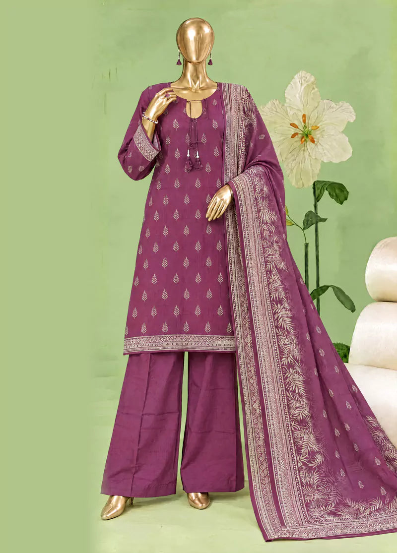 3 Piece Printed Stitched Margenta Color Khaddar Shirt with Trouser & Dupatta