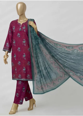3 Piece Printed Stitched Hot Pink Color Khaddar Shirt with Trouser & Dupatta