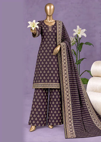 3 Piece Printed Stitched Purple Color Khaddar Shirt with Trouser & Dupatta