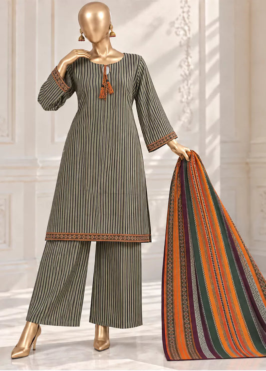 3 Piece Printed Stitched Black & Grey Color Khaddar Shirt with Trouser & Dupatta
