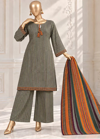 3 Piece Printed Stitched Black & Grey Color Khaddar Shirt with Trouser & Dupatta
