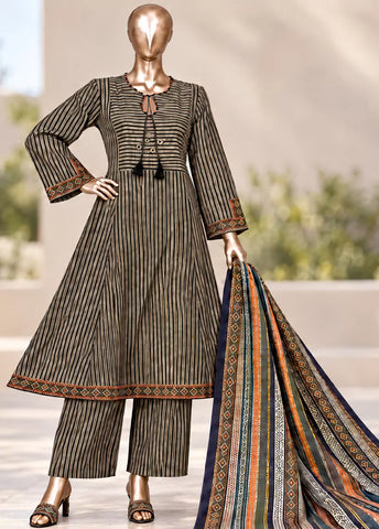 3 Piece Printed Stitched MultiColor Khaddar Frock with Trouser & Dupatta