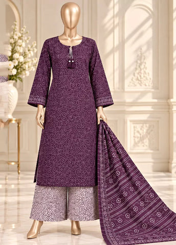 3 Piece Printed Stitched Purple Color Khaddar Shirt with Trouser & Dupatta