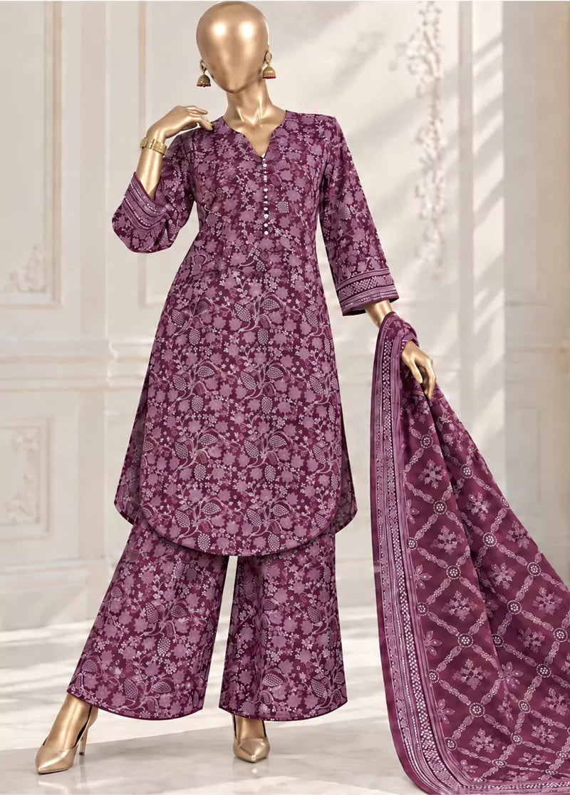 3 Piece Printed Stitched Purple Color Khaddar Shirt with Trouser & Dupatta
