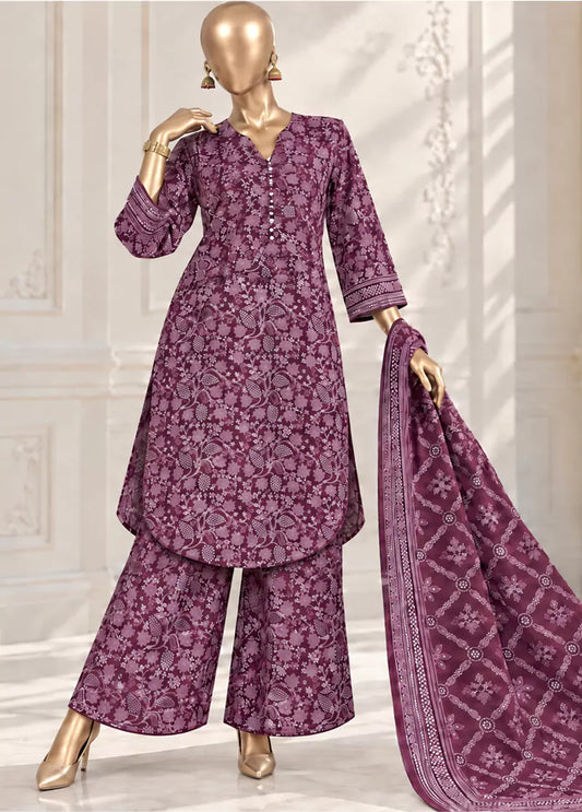 3 Piece Printed Stitched Purple Color Khaddar Shirt with Trouser & Dupatta