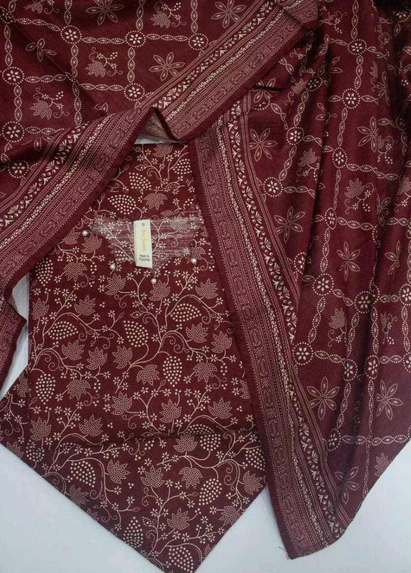 3 Piece Printed Stitched Maroon Color Khaddar Shirt with Trouser & Dupatta