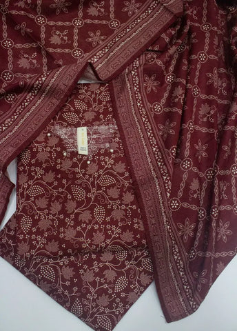 3 Piece Printed Stitched Maroon Color Khaddar Shirt with Trouser & Dupatta