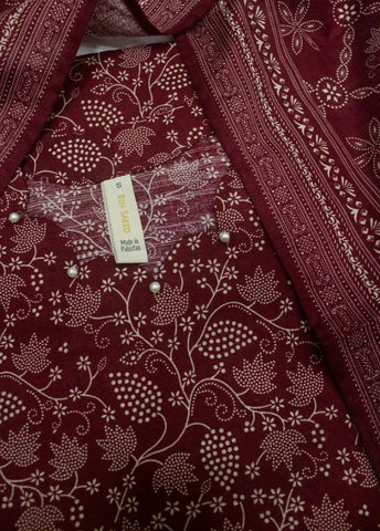 3 Piece Printed Stitched Maroon Color Khaddar Shirt with Trouser & Dupatta