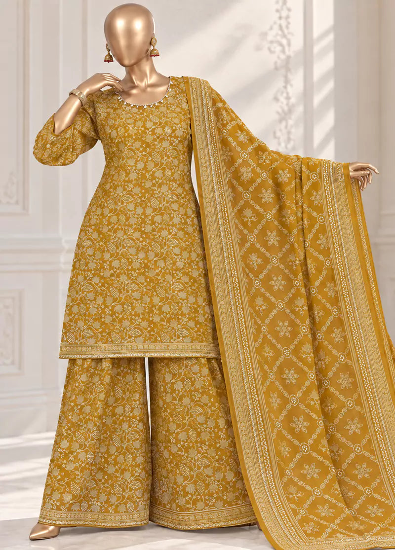 3 Piece Printed Stitched Mustard Color Khaddar Shirt with Trouser & Dupatta