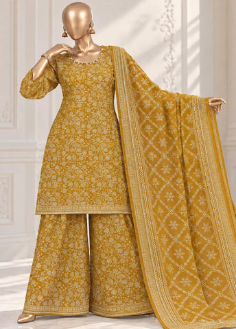 3 Piece Printed Stitched Mustard Color Khaddar Shirt with Trouser & Dupatta