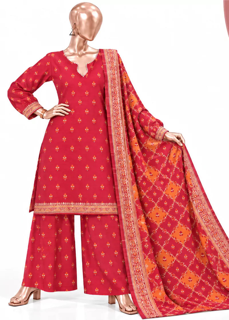3 Piece Printed Stitched Red Color Khaddar Shirt with Trouser & Dupatta
