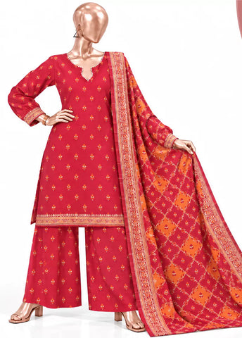 3 Piece Printed Stitched Red Color Khaddar Shirt with Trouser & Dupatta