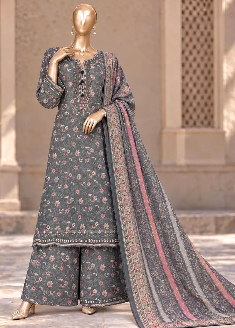 3 Piece Embroidered Stitched Grey Color Khaddar Shirt with Trouser & Dupatta