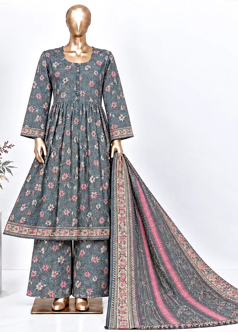 3 Piece Printed Stitched Grey Color Khaddar Frock with Trouser & Dupatta