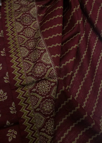 3 Piece Printed Stitched Maroon Color Khaddar Shirt with Trouser & Dupatta