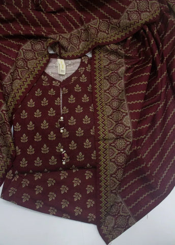 3 Piece Printed Stitched Maroon Color Khaddar Shirt with Trouser & Dupatta