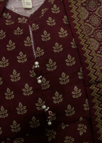 3 Piece Printed Stitched Maroon Color Khaddar Shirt with Trouser & Dupatta