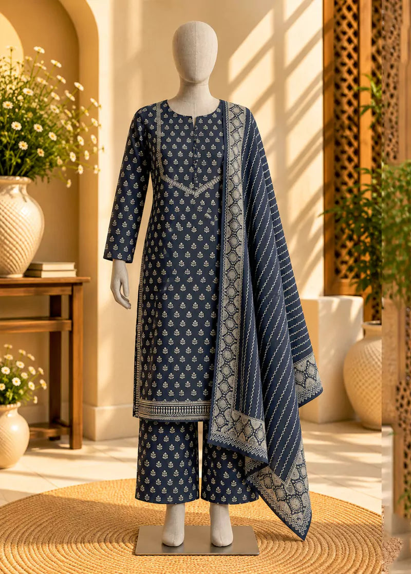 3 Piece Printed Stitched Navy Blue Color Khaddar Shirt with Trouser & Dupatta