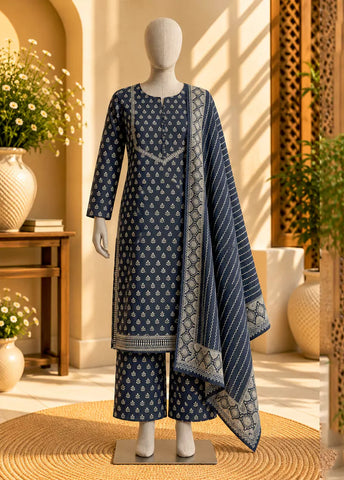 3 Piece Printed Stitched Navy Blue Color Khaddar Shirt with Trouser & Dupatta