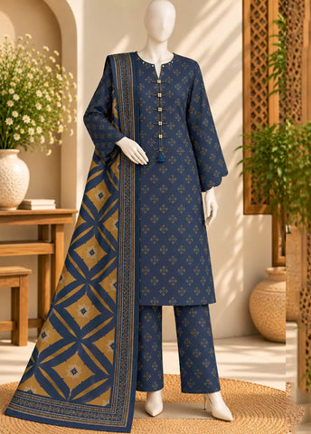 3 Piece Printed Stitched Navy Blue Color Khaddar Shirt with Trouser & Dupatta