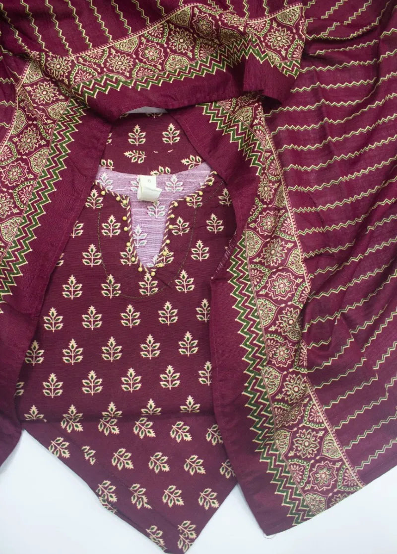 3 Piece Printed Stitched Maroon Color Khaddar Shirt with Trouser & Dupatta