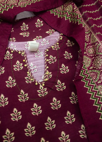 3 Piece Printed Stitched Maroon Color Khaddar Shirt with Trouser & Dupatta