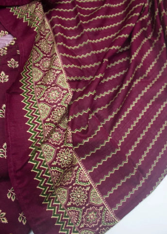 3 Piece Printed Stitched Maroon Color Khaddar Shirt with Trouser & Dupatta