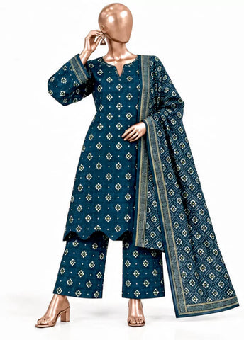 3 Piece Printed Stitched Blue Color Khaddar Shirt with Trouser & Dupatta