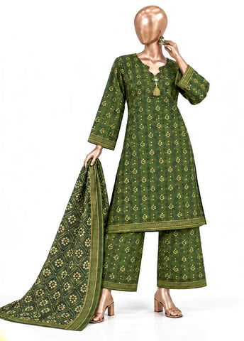 3 Piece Printed Stitched Green Color Khaddar Shirt with Trouser & Dupatta