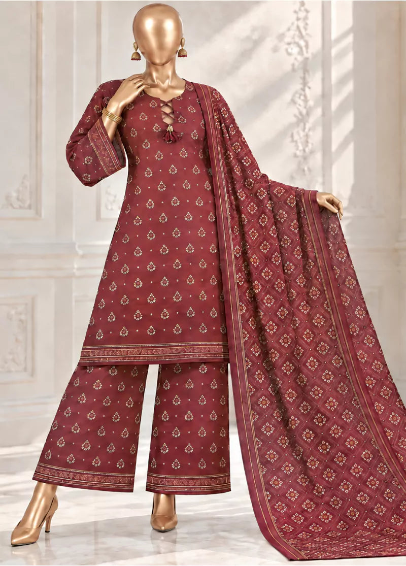 3 Piece Printed Stitched Maroon Color Khaddar Shirt with Trouser & Dupatta