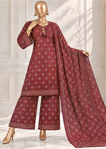 3 Piece Printed Stitched Maroon Color Khaddar Shirt with Trouser & Dupatta