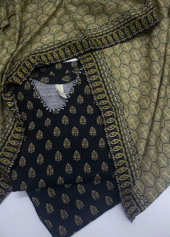 3 Piece Printed Stitched Black Color Khaddar Shirt with Trouser & Dupatta