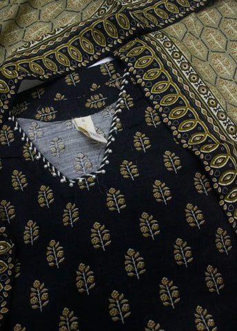3 Piece Printed Stitched Black Color Khaddar Shirt with Trouser & Dupatta