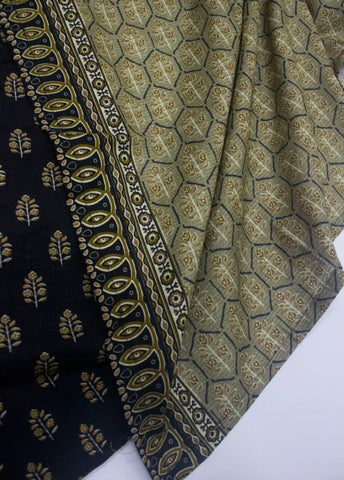 3 Piece Printed Stitched Black Color Khaddar Shirt with Trouser & Dupatta