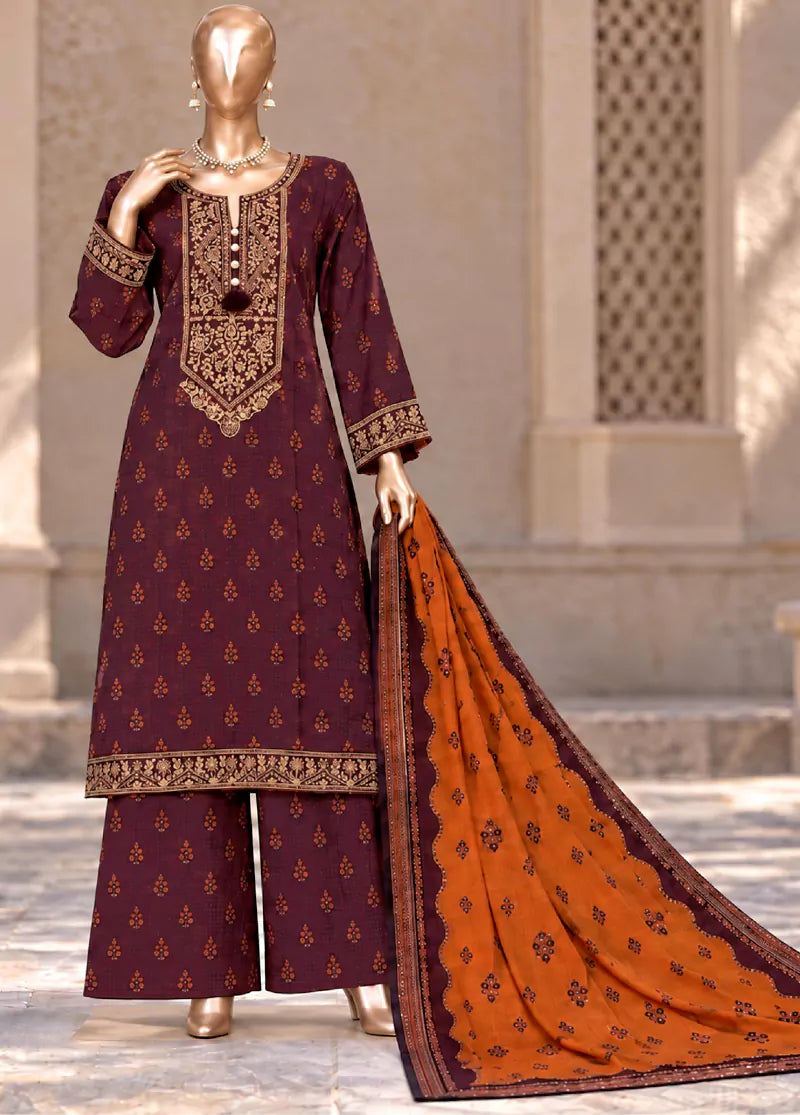 3 Piece Embroidered Stitched Maroon Color Khaddar Shirt with Trouser & Dupatta