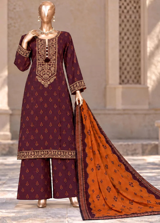 3 Piece Embroidered Stitched Maroon Color Khaddar Shirt with Trouser & Dupatta