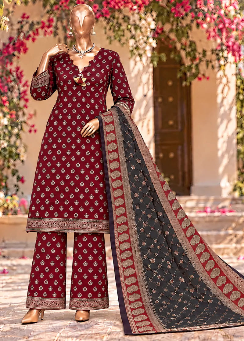 3 Piece Printed Stitched Maroon Color Khaddar Shirt with Trouser & Dupatta