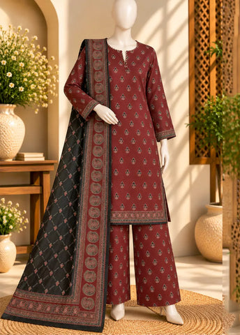 3 Piece Printed Stitched Maroon Color Khaddar Shirt with Trouser & Dupatta