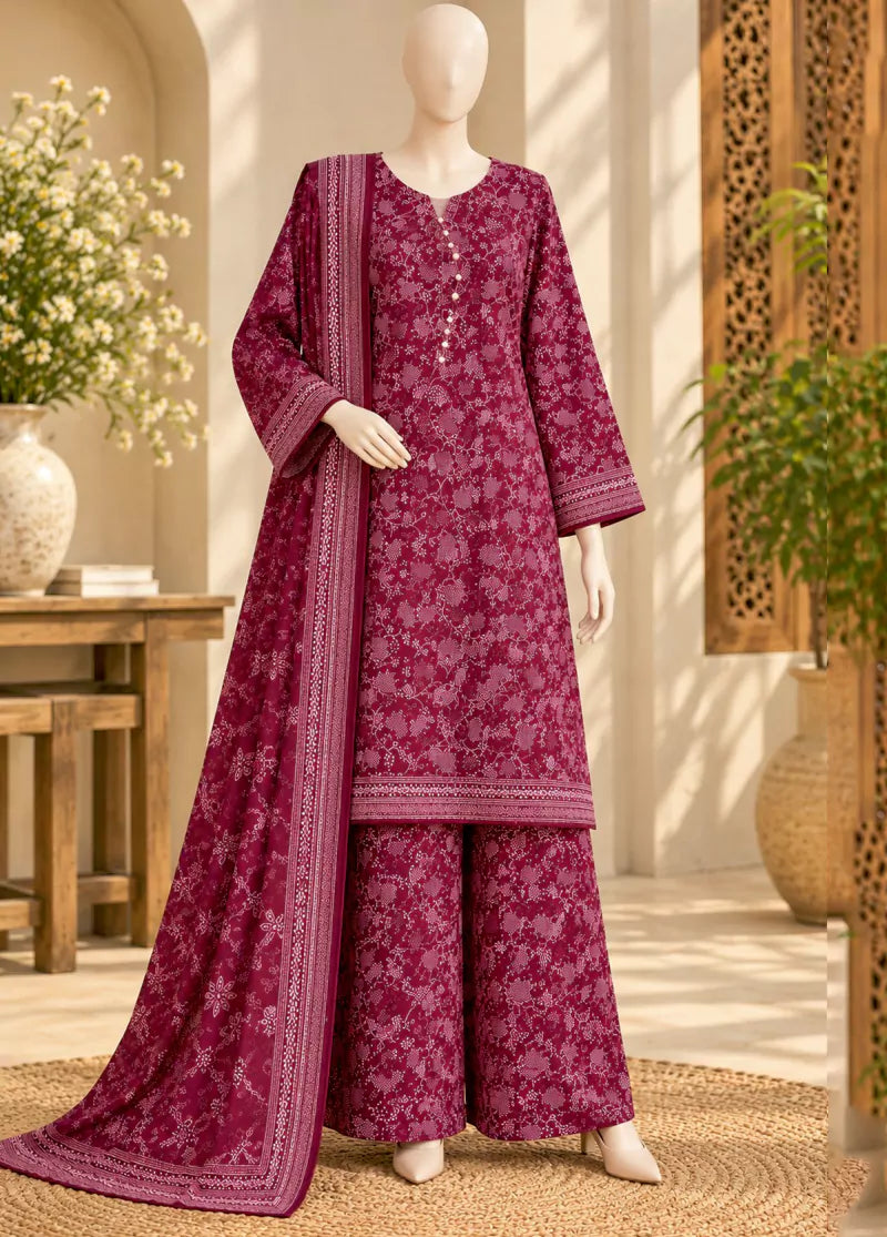3 Piece Printed Stitched Hot Pink Color Khaddar Shirt with Trouser & Dupatta