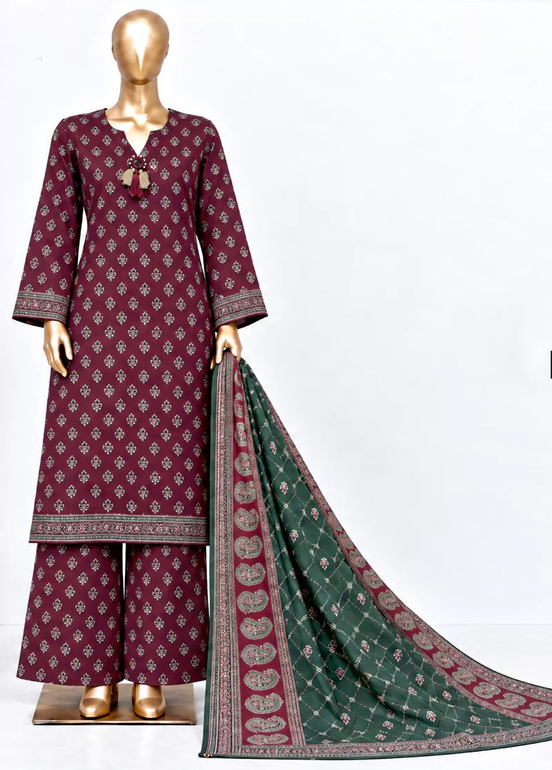 3 Piece Printed Stitched Maroon Color Khaddar Shirt with Trouser & Dupatta
