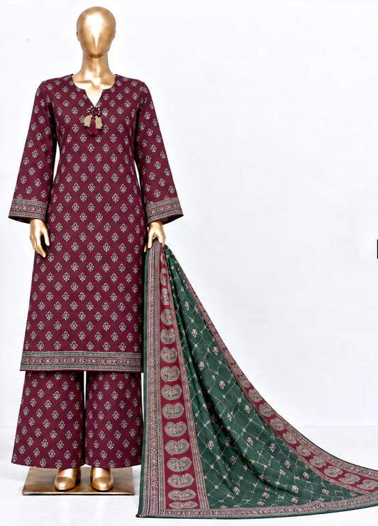 3 Piece Printed Stitched Maroon Color Khaddar Shirt with Trouser & Dupatta