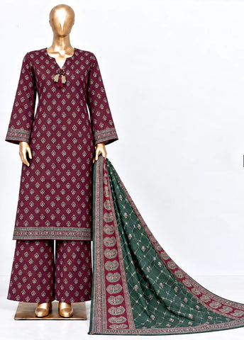 3 Piece Printed Stitched Maroon Color Khaddar Shirt with Trouser & Dupatta