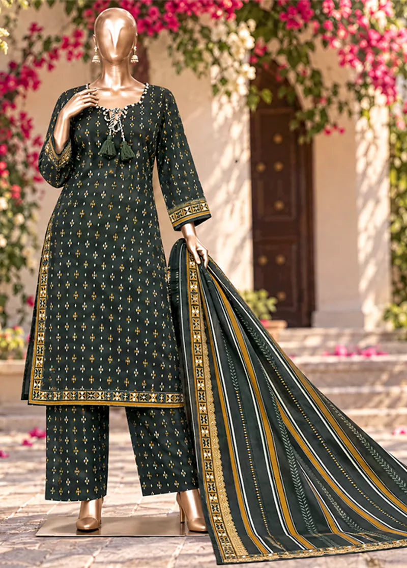 3 Piece Printed Stitched Bottle Green Color Khaddar Shirt with Trouser & Dupatta