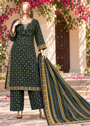 3 Piece Printed Stitched Bottle Green Color Khaddar Shirt with Trouser & Dupatta